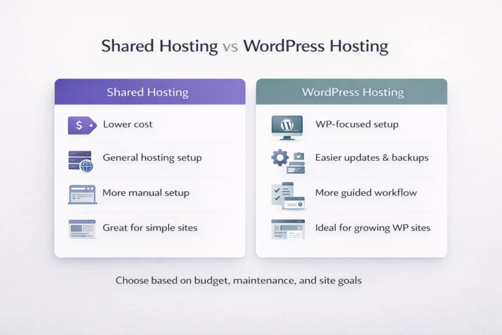 Visual comparison of budget, setup, and management differences between two hosting options
