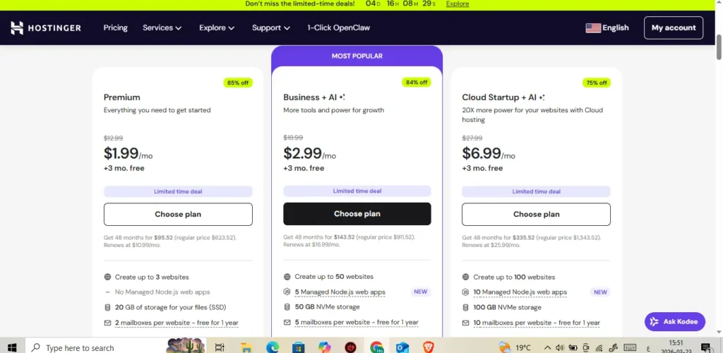 Hostinger plan comparison for WordPress beginners showing Premium Business and Cloud Startup