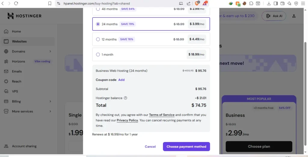 Hosting checkout showing billing term, total cost, and renewal pricing
