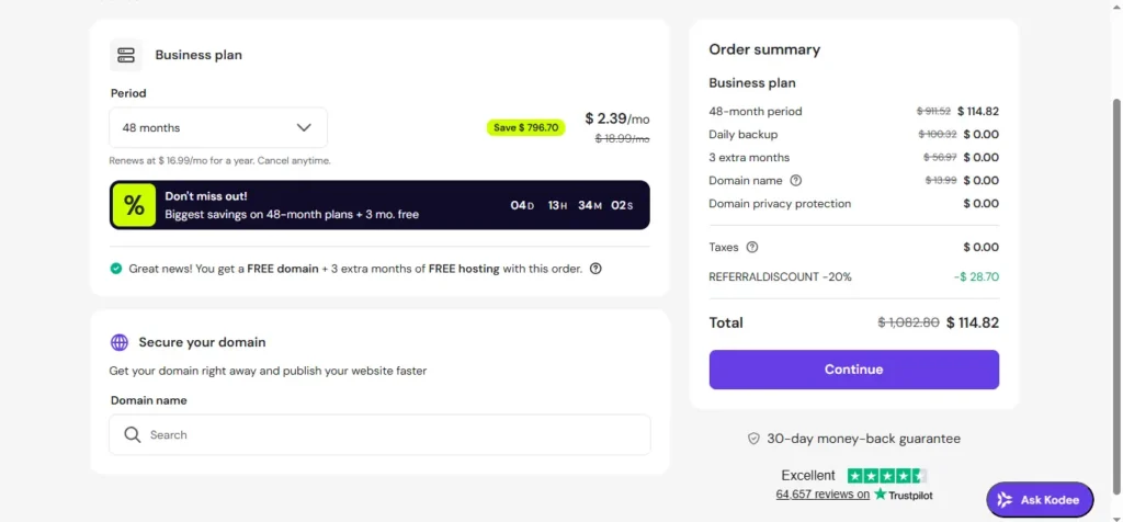 Hostinger checkout summary showing billing term and renewal details