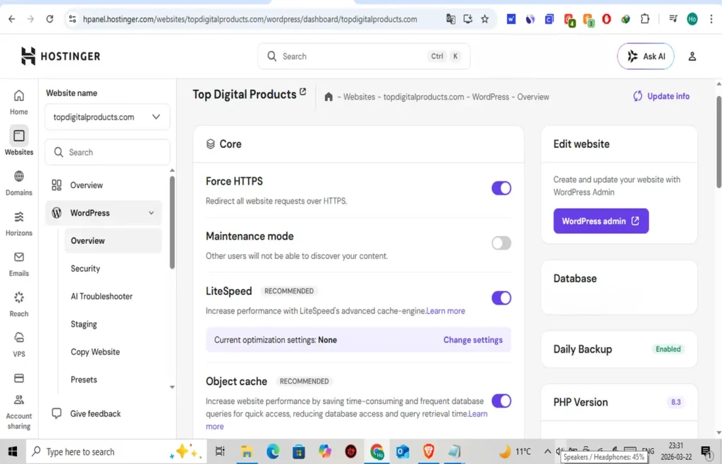 Hostinger hPanel dashboard after checkout