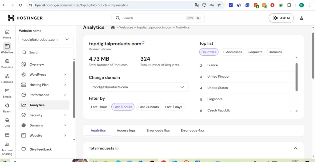 Hostinger hPanel dashboard for managing websites domains email and billing
