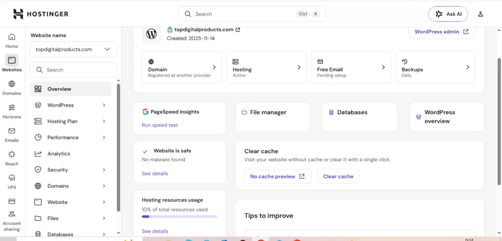 Hostinger hPanel dashboard showing website overview, backups, cache tools, PageSpeed Insights, and WordPress access
