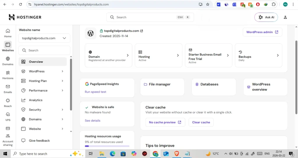 Hostinger hPanel for WordPress setup and site management