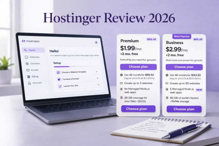 Hostinger Review 2026 featured image showing a beginner-friendly hosting dashboard and hosting plan overview