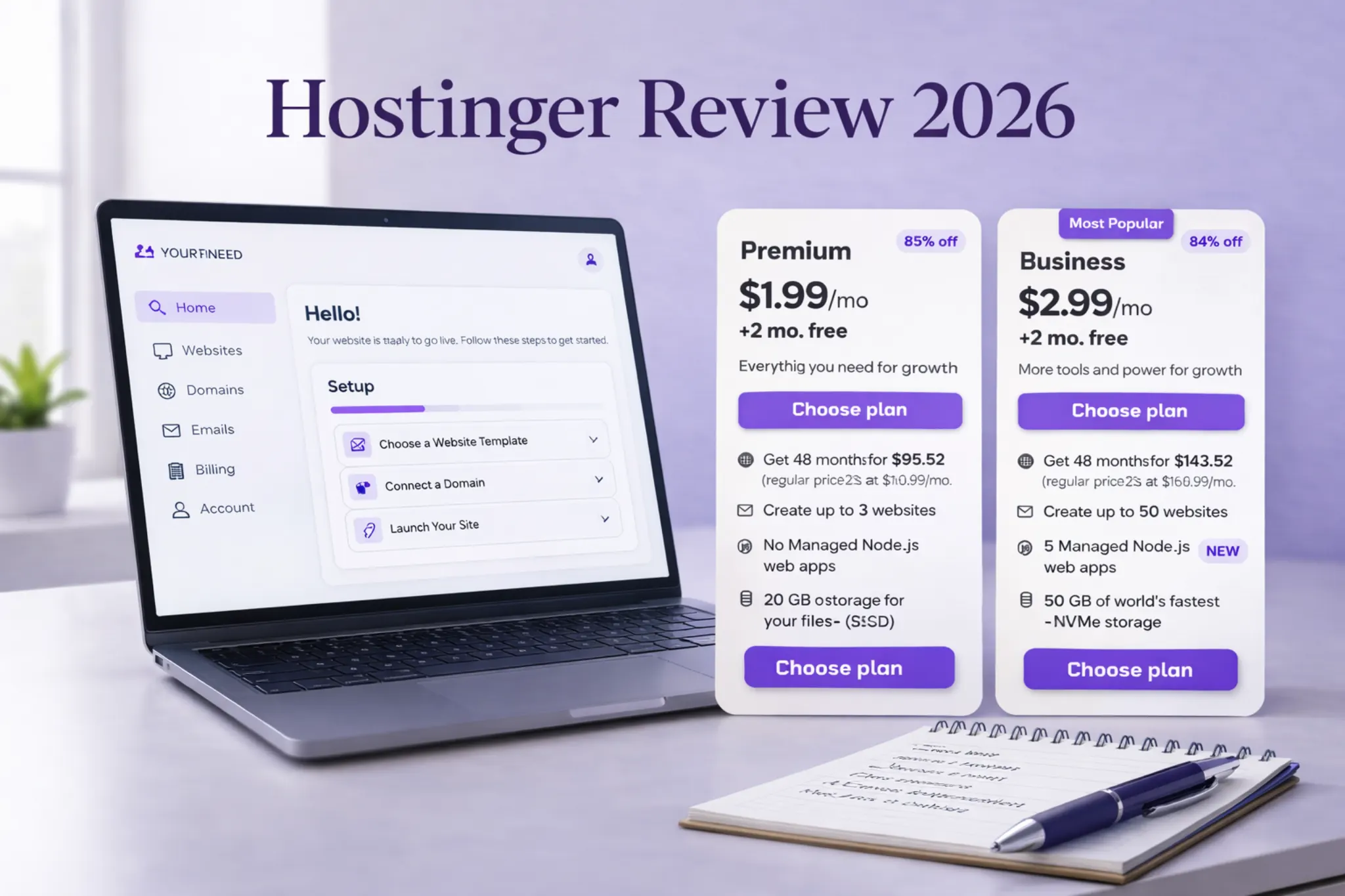 Hostinger Review 2026 featured image showing a beginner-friendly hosting dashboard and hosting plan overview
