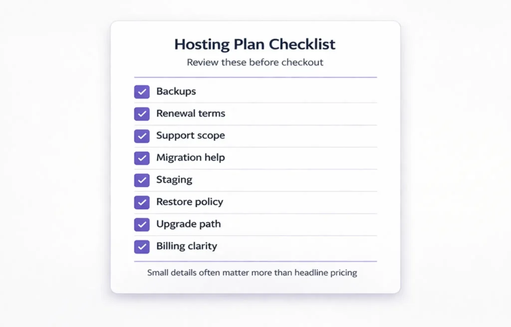 Screenshot-style checklist for backups, renewals, support scope, and migration items