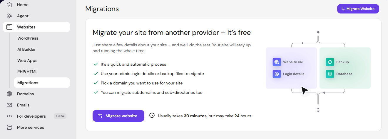 Hostinger dashboard Migrations page with a Migrate Website button for transfers from another hosting provider