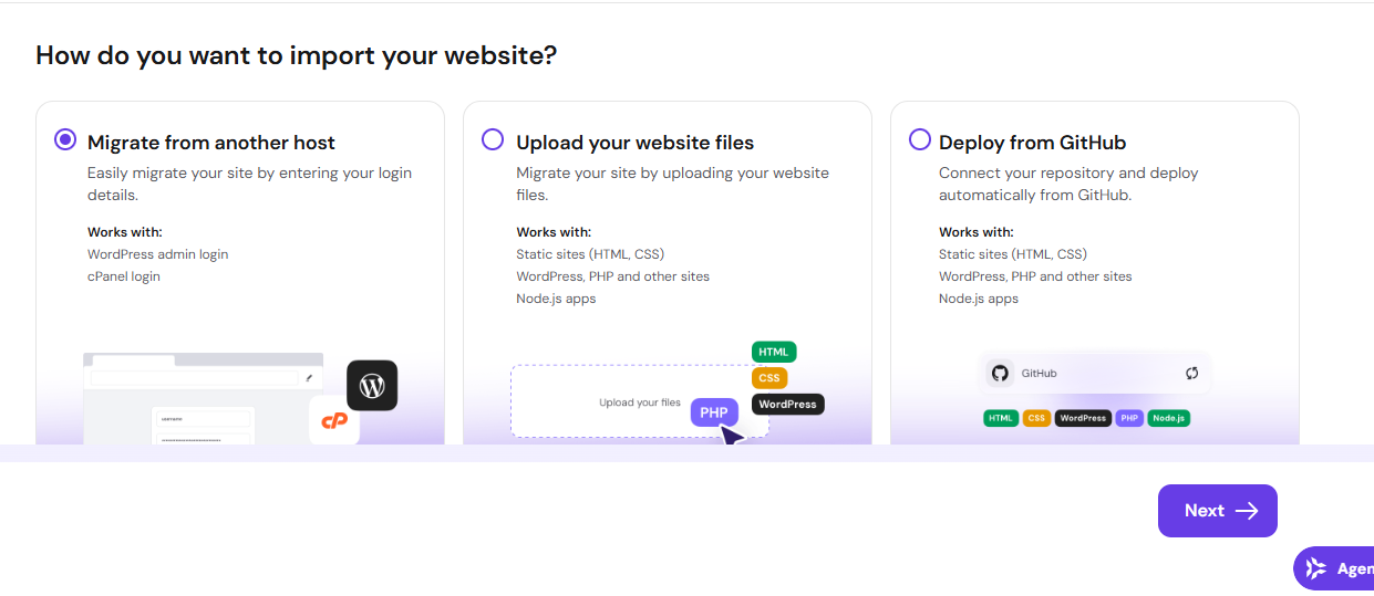 Hostinger website import method selection with Migrate from another host, Upload your website files, and Deploy from GitHub options
