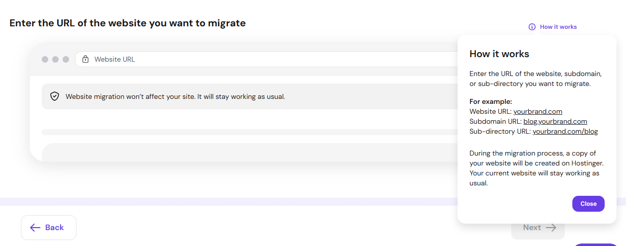 Hostinger migration form asking for the source website URL with a How it works help panel for domains and subdomains