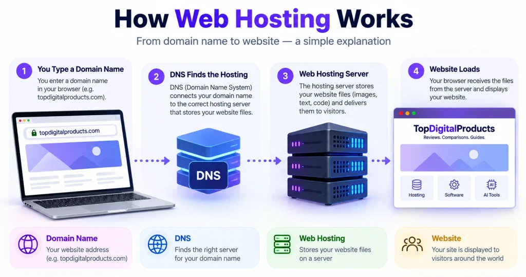 Diagram showing how a domain name connects through DNS to a web hosting server that delivers website content to a visitor's browser.