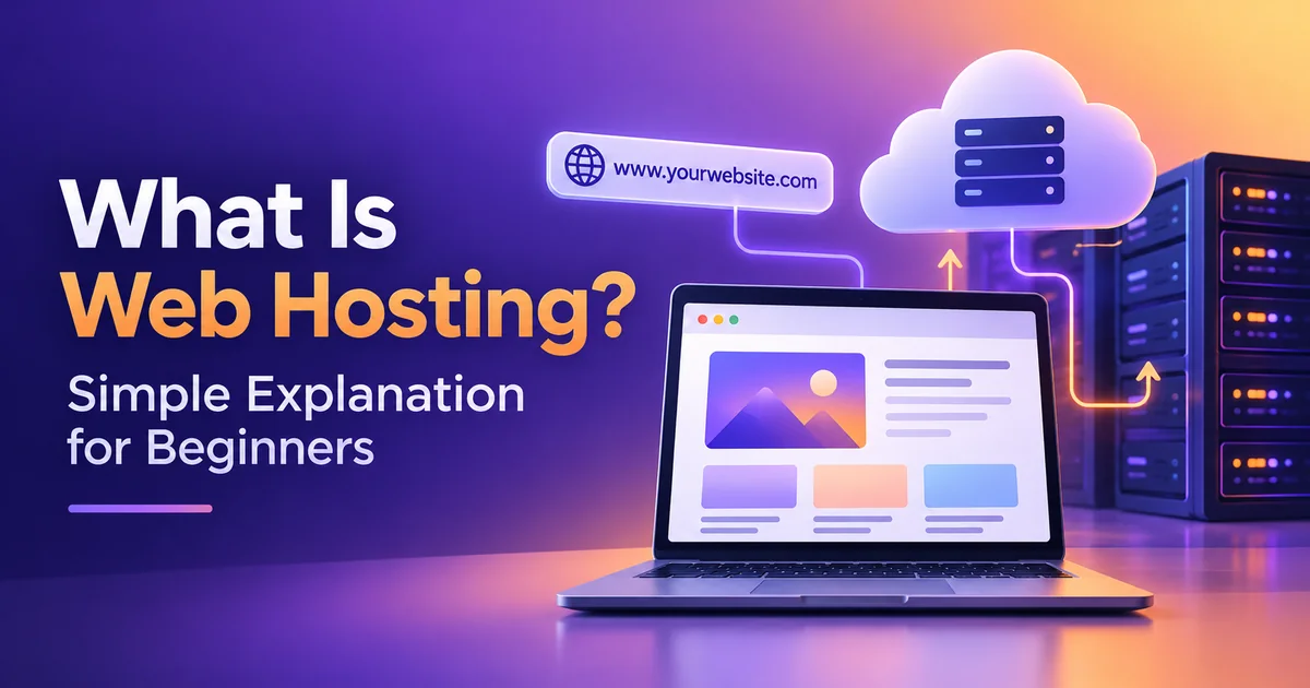 What is web hosting illustration showing a website connected to a domain name and hosting servers.