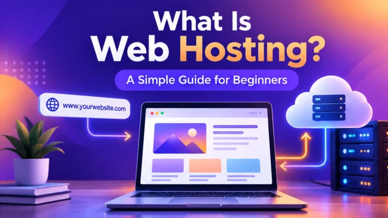 What is web hosting illustration featuring a laptop, domain name, cloud server, and website hosting infrastructure.