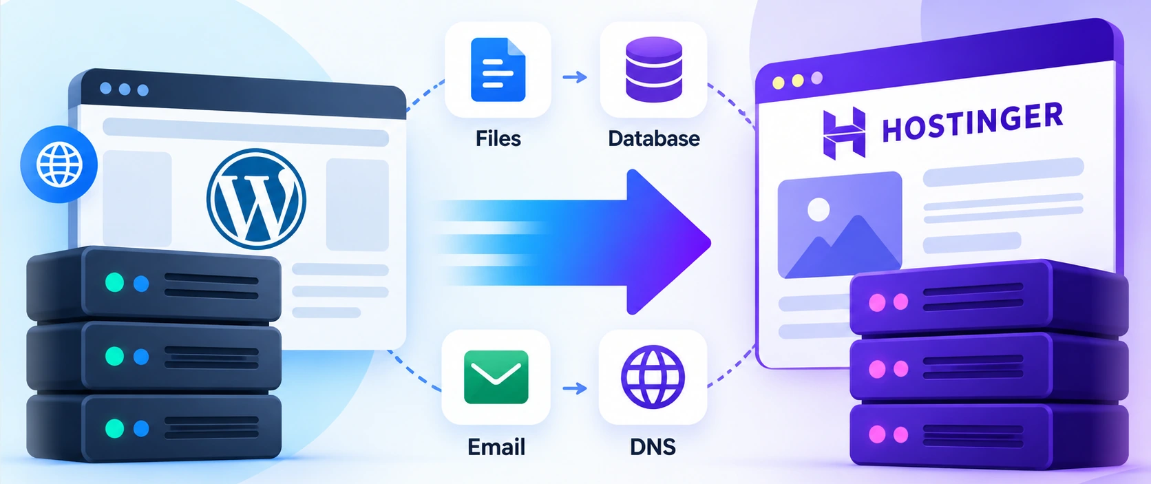 Illustration of a WordPress website moving from existing hosting to Hostinger, with files, database, email, and DNS icons