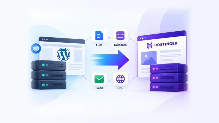 Illustration of a WordPress website moving from existing hosting to Hostinger, with files, database, email, and DNS icons